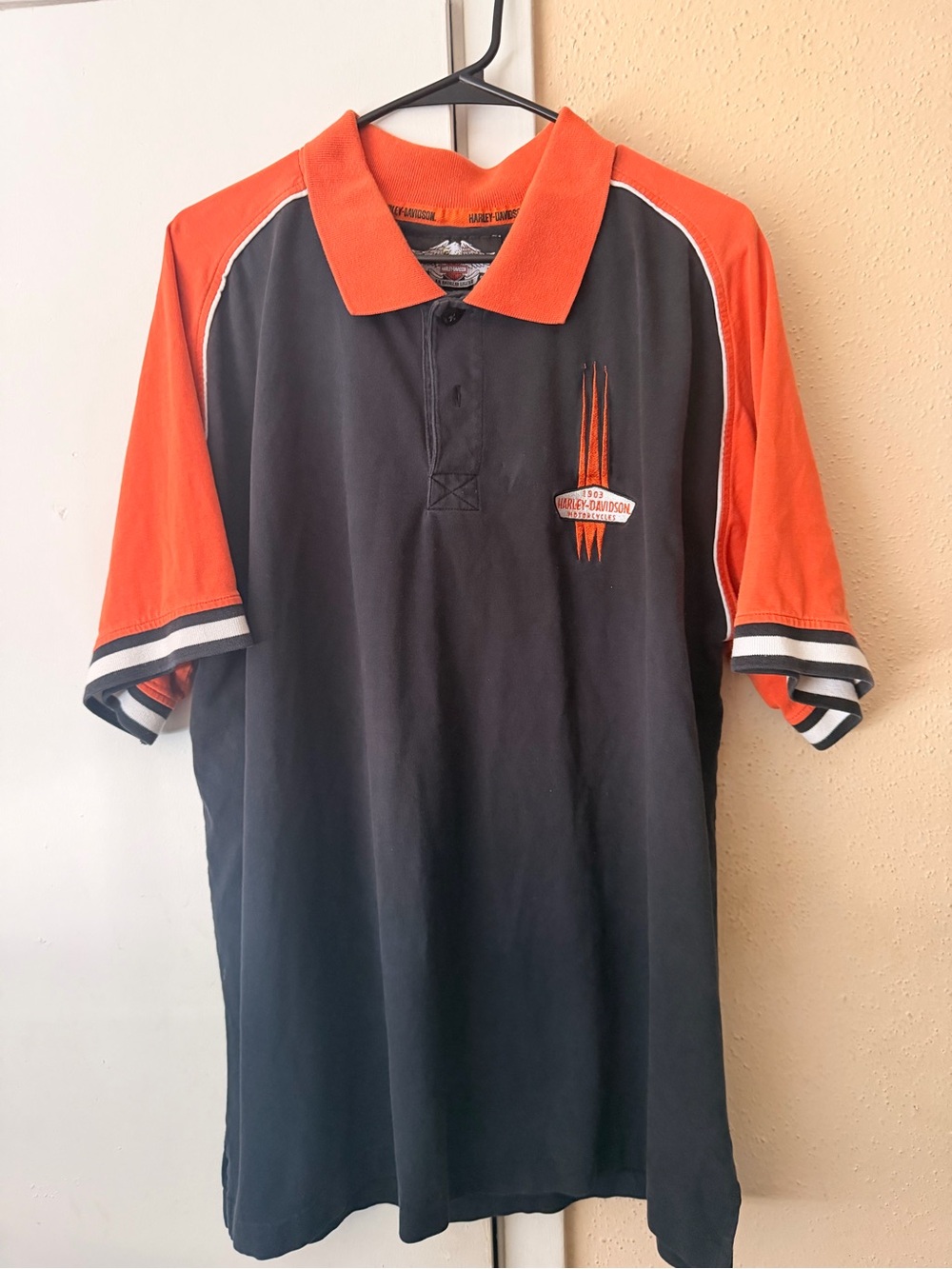 Vintage Harley Davidson Polo Shirt  Black Orange Mechanic Motorcycles Sz XL